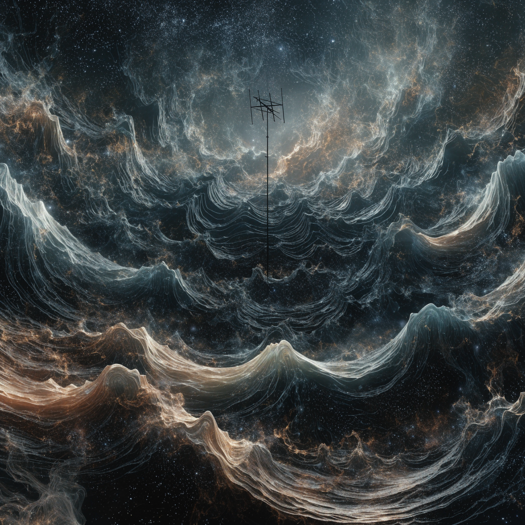 Atmospheric radio waves drifting across a dark sky with soft breathing lights